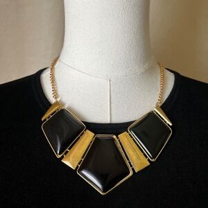 Black Gold Geometric Statement Bib Necklace 17-19" Adjustable Bold
